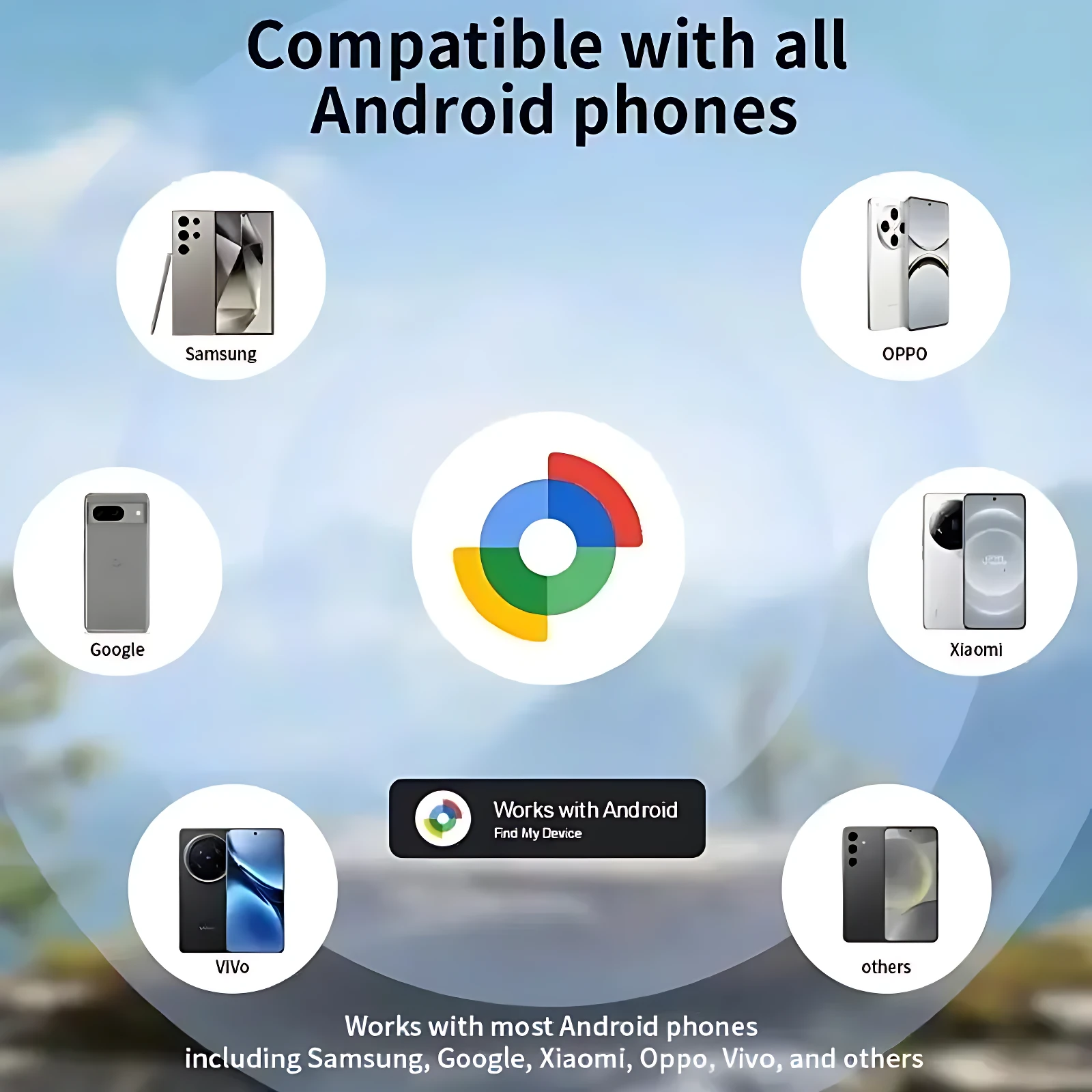 promocional del localizador GPS para Android, mostrando compatibilidad con marcas como Samsung, Google, Xiaomi, OPPO, Vivo y otros, con logotipo central de Google y texto que indica funcionamiento con la mayoría de teléfonos Android.