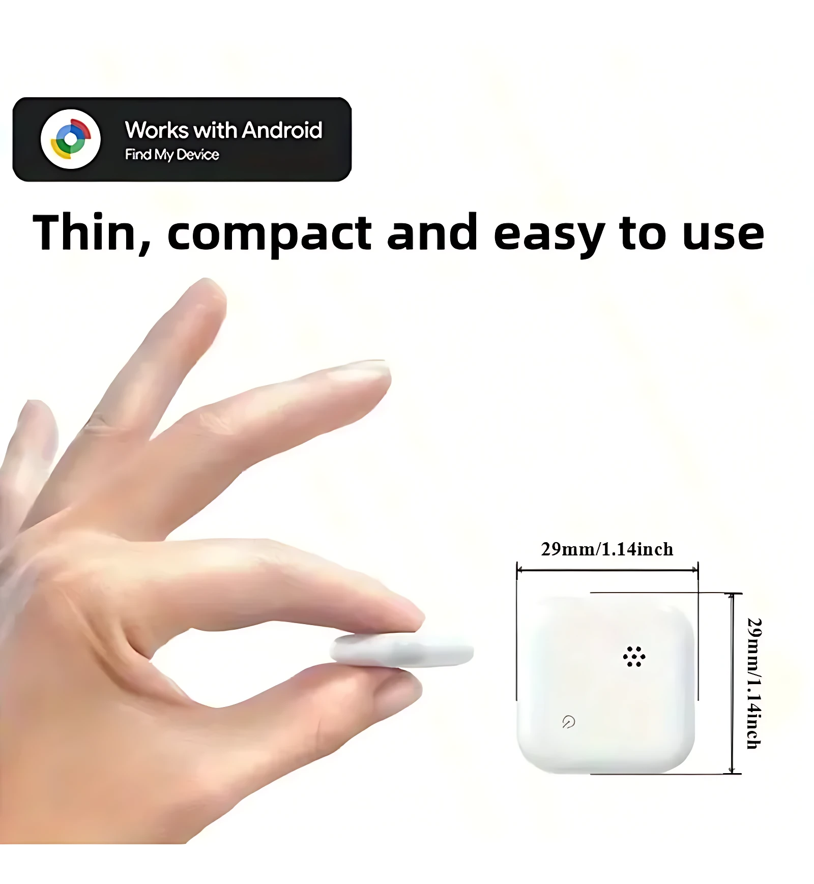 Localizador GPS blanco compacto de 29x29 mm, mostrado entre los dedos de una mano para resaltar su tamaño reducido. Compatible con Android.