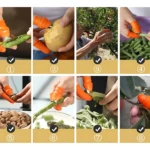 Collar de silicona naranja con hoja de acero inoxidable para cortar vegetales y frutas, mostrando uso en ocho escenarios: guisantes, papa, lechuga, zanahoria, nueces, espárragos, espinacas y mango.