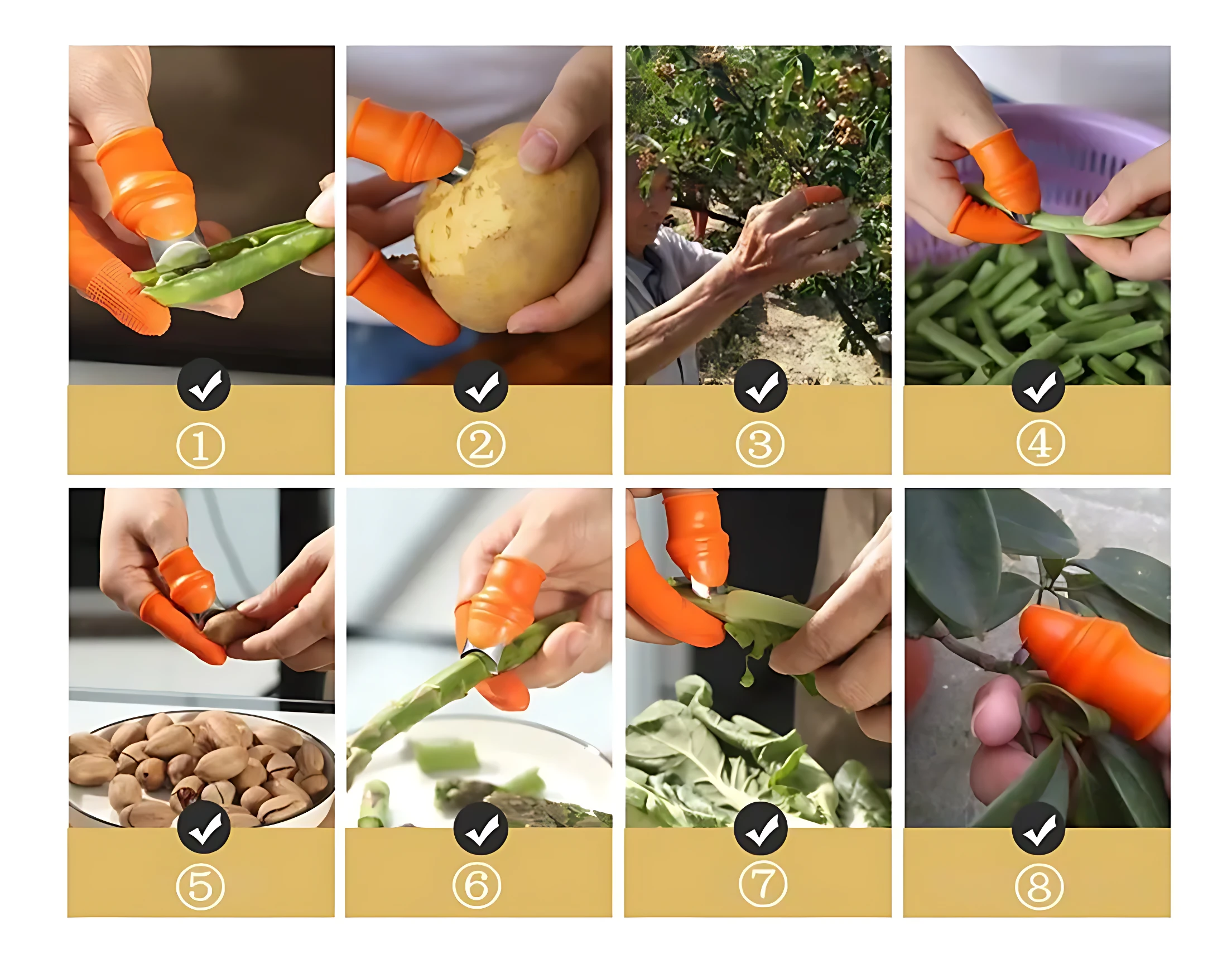 Collar de silicona naranja con hoja de acero inoxidable para cortar vegetales y frutas, mostrando uso en ocho escenarios: guisantes, papa, lechuga, zanahoria, nueces, espárragos, espinacas y mango.