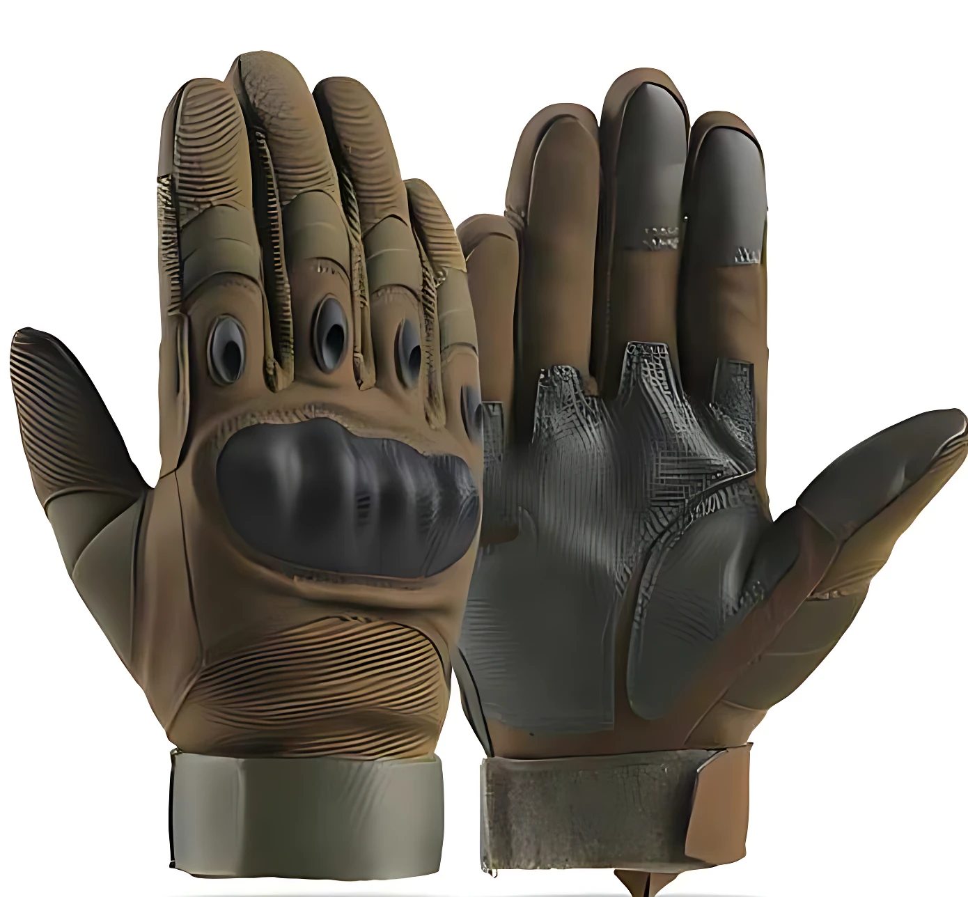 Guantes tácticos en tono oliva con palma reforzada en negro, dedos con textura antideslizante y cierre de velcro en muñeca.