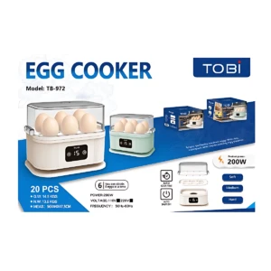 Hervidora de huevos Tobi modelo TB-972, color blanco y verde menta, con capacidad para seis huevos. Incluye panel digital con temporizador y luz LED. Presentada en caja azul con ilustraciones del producto en uso.