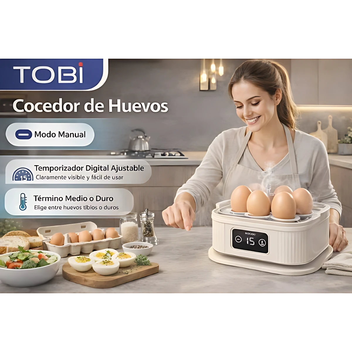 Hervidora de huevos Tobi color crema con panel digital, seis huevos cocidos en su interior, sobre encimera de cocina con bandeja de huevos crudos y platos al lado.