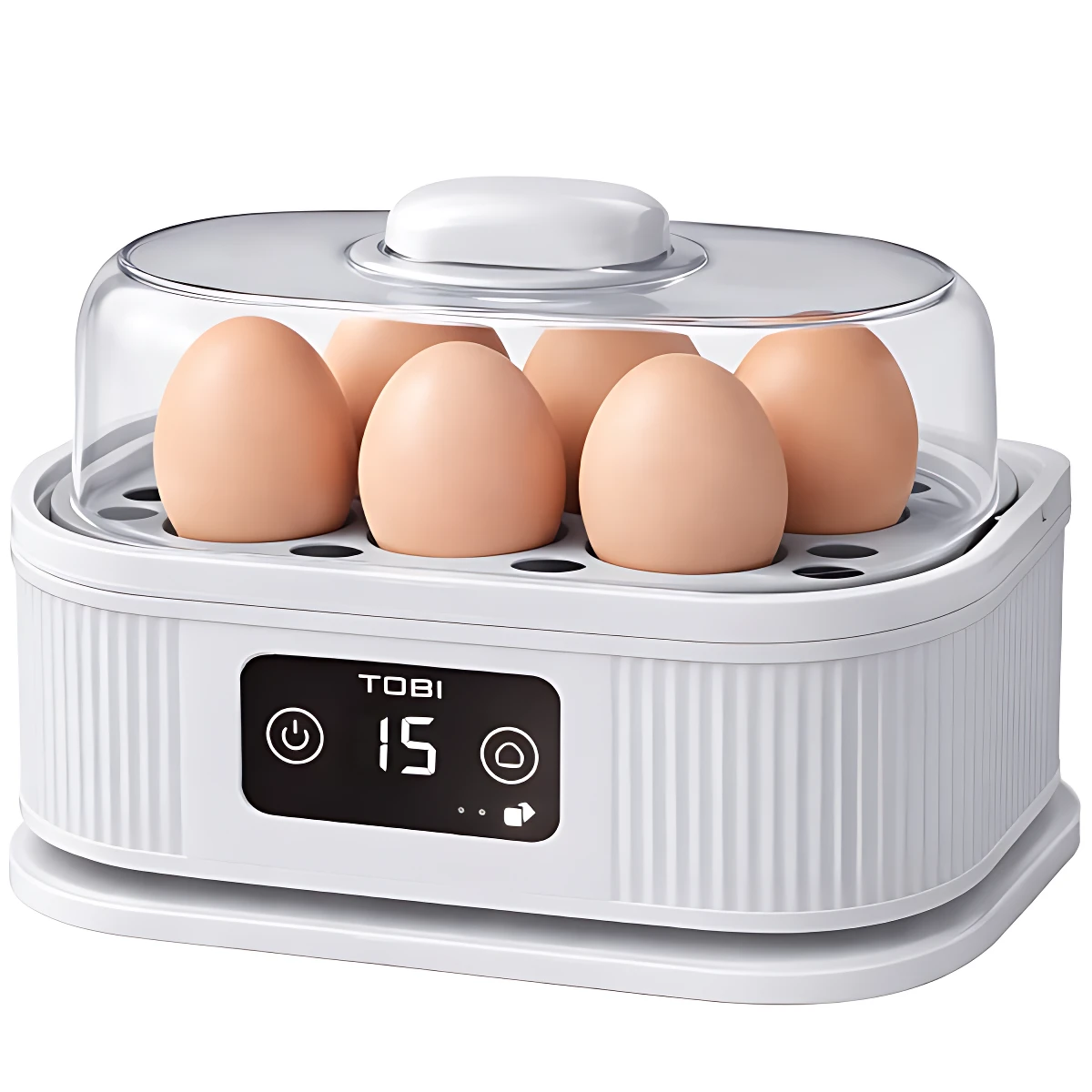 Hervidora de huevos Tobi blanca con tapa transparente, mostrando seis huevos en su interior y panel digital frontal con indicador de tiempo.