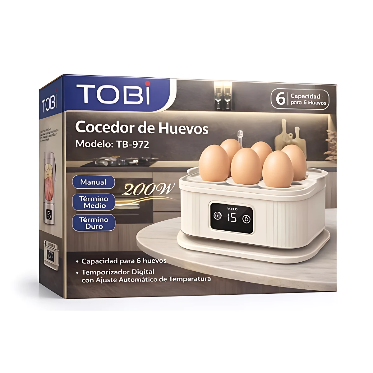 Cocedor de huevos Tobi modelo TB-972, color blanco, con seis huevos en posición vertical y panel digital frontal mostrando tiempo de cocción.
