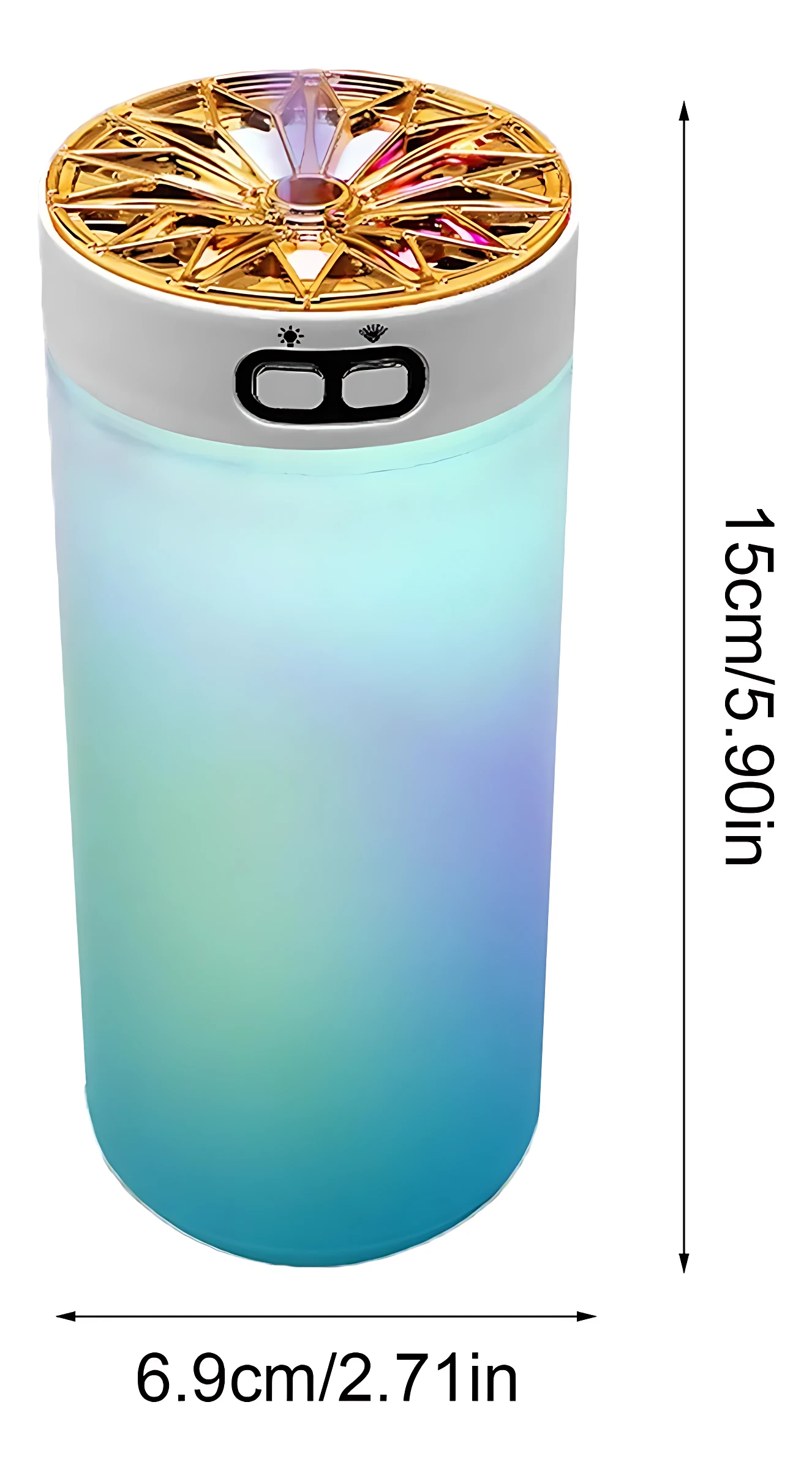 Humificador portátil cilíndrico de 15 cm de alto con base translúcida en degradado azul-verde, tapa dorada con diseño floral y luces LED multicolor, incluye botones de control en la parte superior.
