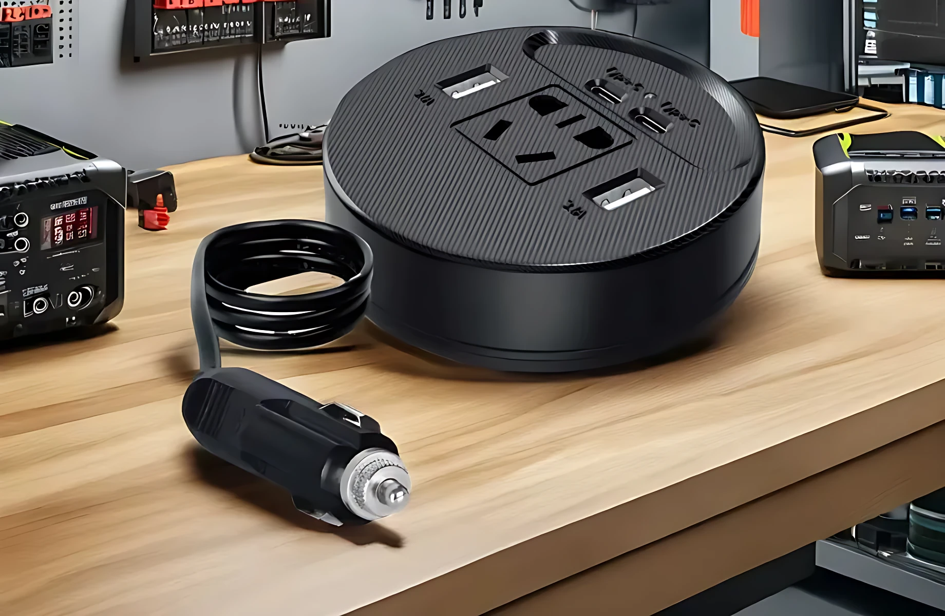 Inversor de corriente 150W negro, circular con múltiples enchufes y puertos USB, sobre mesa de trabajo junto a cable de auto y equipo electrónico.