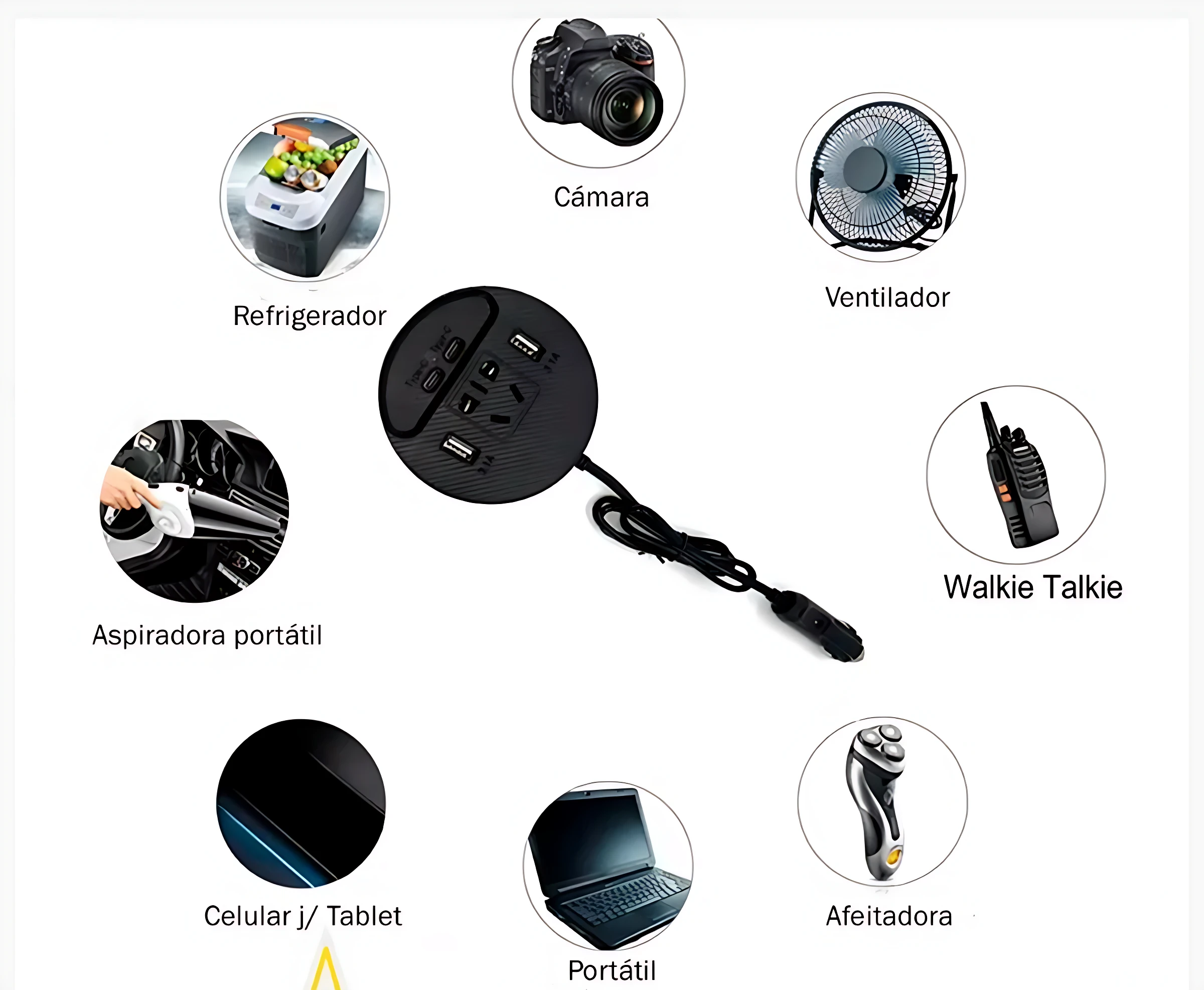 Inversor de corriente negro circular con cable, conectado a múltiples dispositivos: cámara, ventilador, aspiradora portátil, walkie talkie, celular, tablet, portátil y afeitadora.