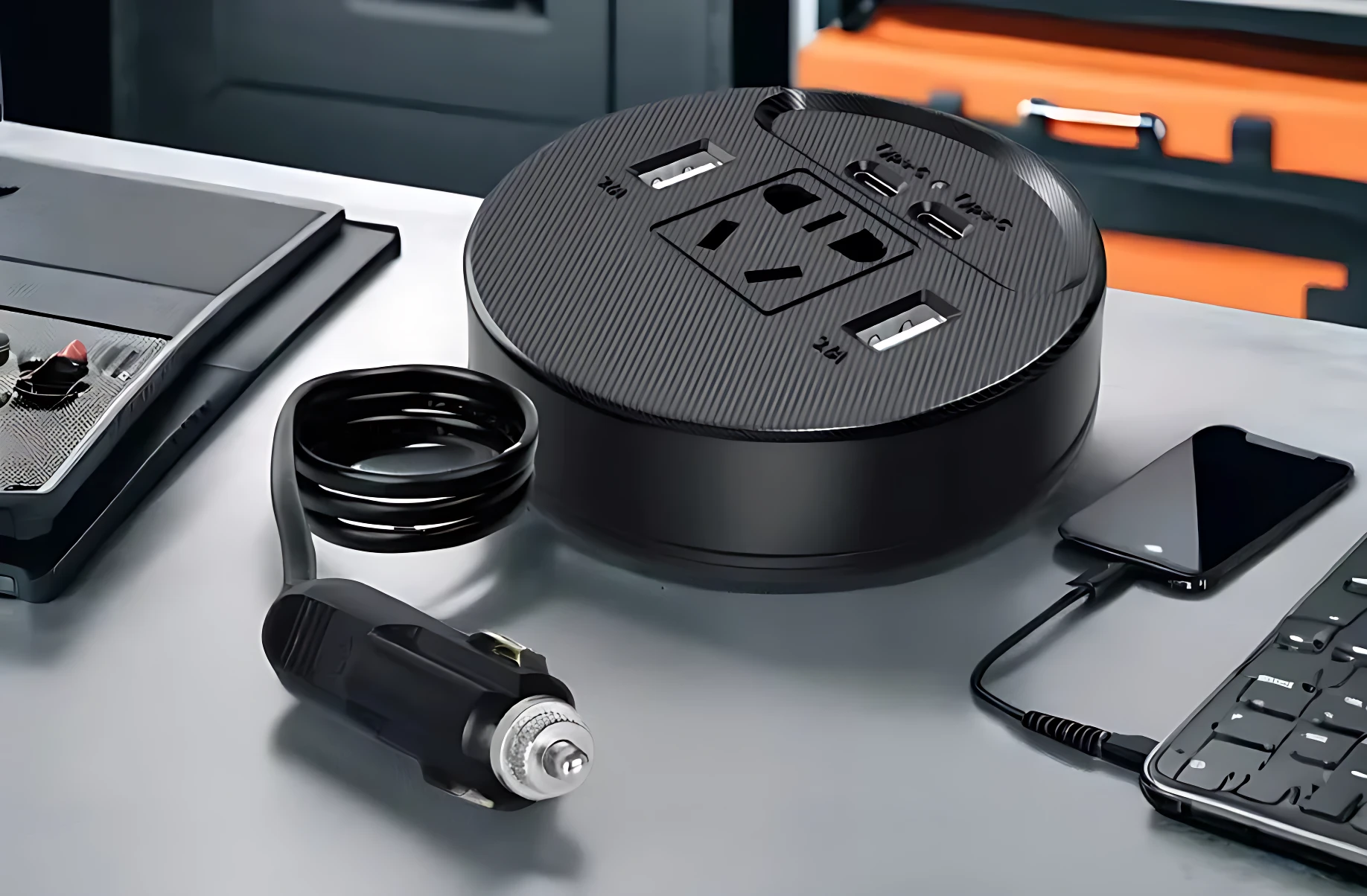 Inversor de corriente 150W negro con múltiples enchufes y puertos USB, conectado a cargador de auto y dispositivos móviles sobre superficie gris.