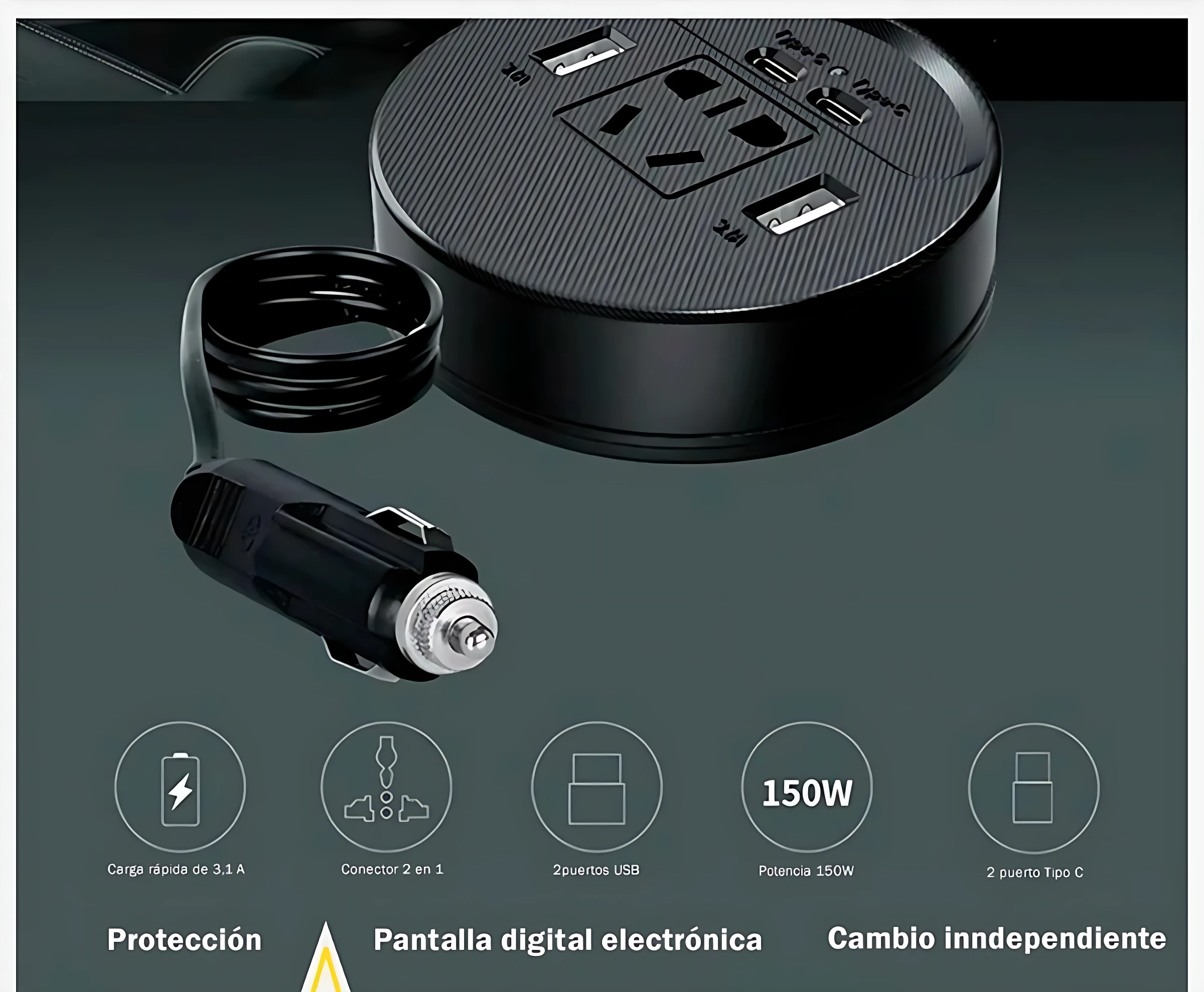 Inversor de corriente negro circular con múltiples puertos USB y toma de corriente, acompañado de cable enrollado y adaptador de encendedor de auto.