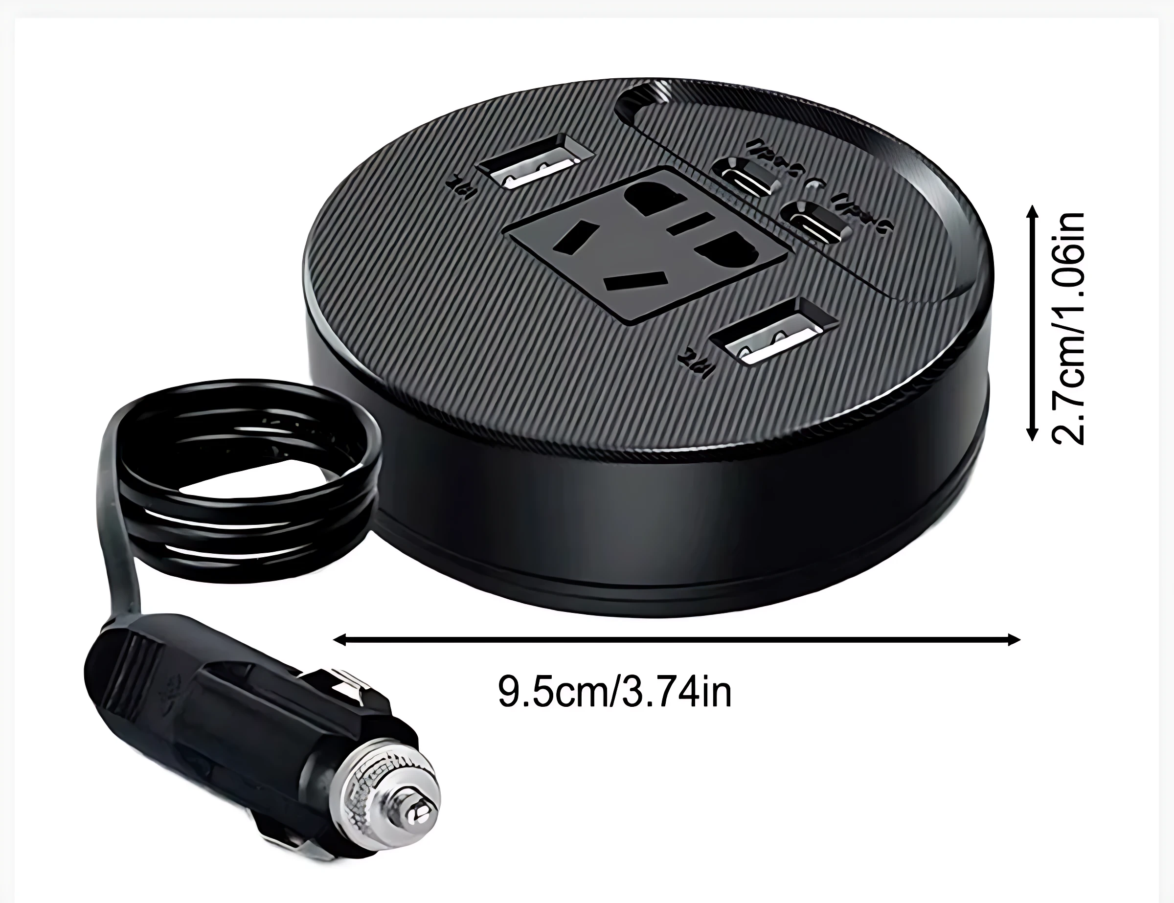 Inversor de corriente 150W negro con cable enrollado, dimensiones 9.5cm x 2.7cm, incluye enchufe de auto y múltiples puertos USB.