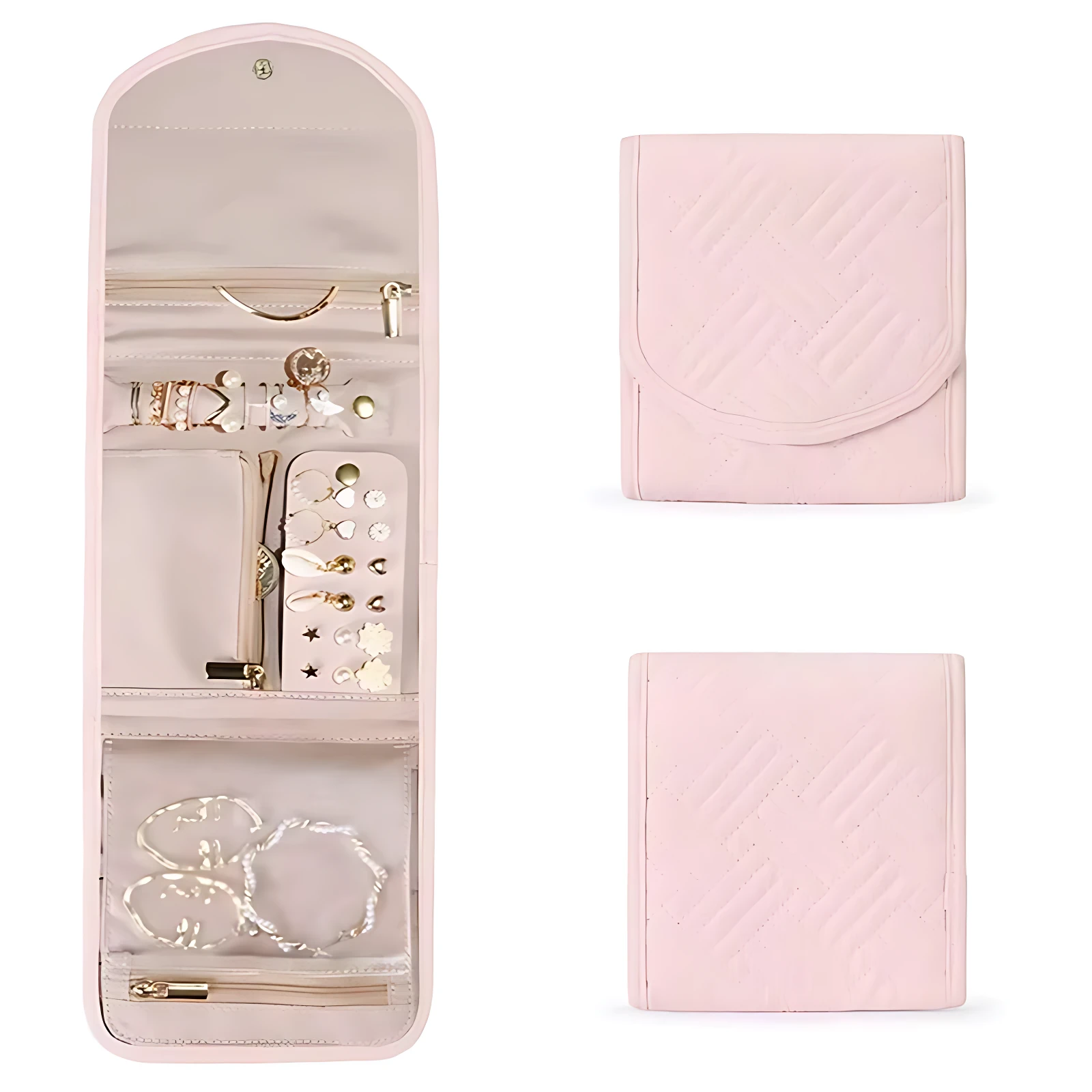 Joyero plegable acolchado en rosa claro, con compartimentos para collares, anillos, pendientes y pulseras. Incluye dos unidades: una desplegada mostrando organización interna y otra cerrada con textura diagonal.