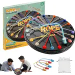 Juego de Cuerdas Lógicas en caja con tablero negro, cuerdas multicolores y piezas hexagonales; incluye bolsa de tela y accesorios para dos jugadores.