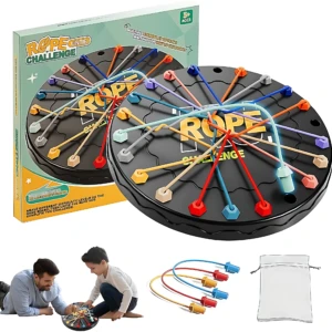Juego de Cuerdas Lógicas en caja con tablero negro, cuerdas multicolores y piezas hexagonales; incluye bolsa de tela y accesorios para dos jugadores.