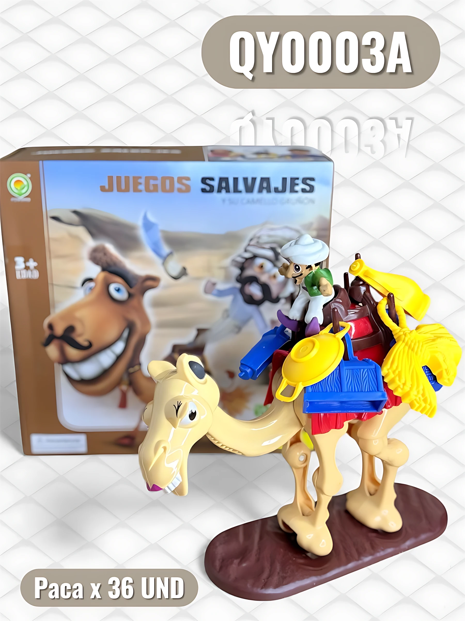 Figura de camello beige con jinete y accesorios coloridos, sobre base marrón, junto a su caja con de personajes y texto "Juegos Salvajes".