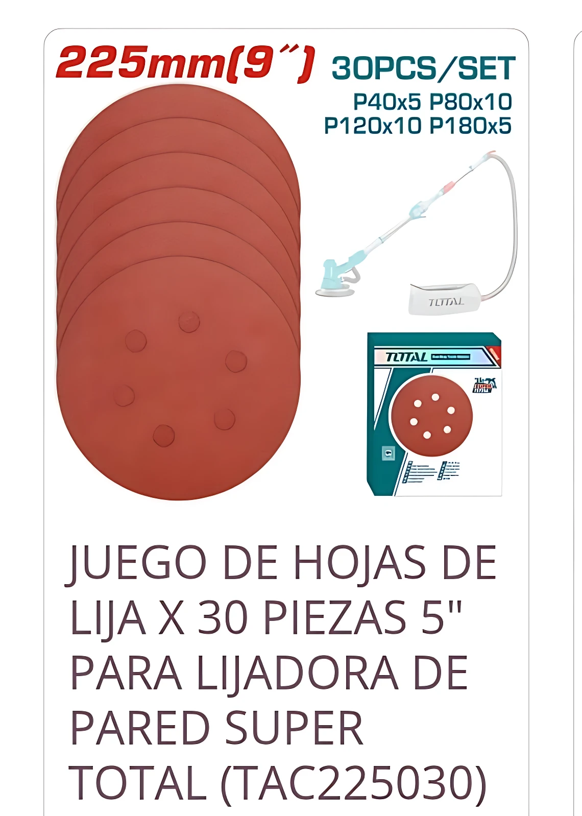Juego de 30 lijas de pared de 5 pulgadas (225 mm) para lijadora Total, con discos rojos de diferentes granos y accesorios incluidos.