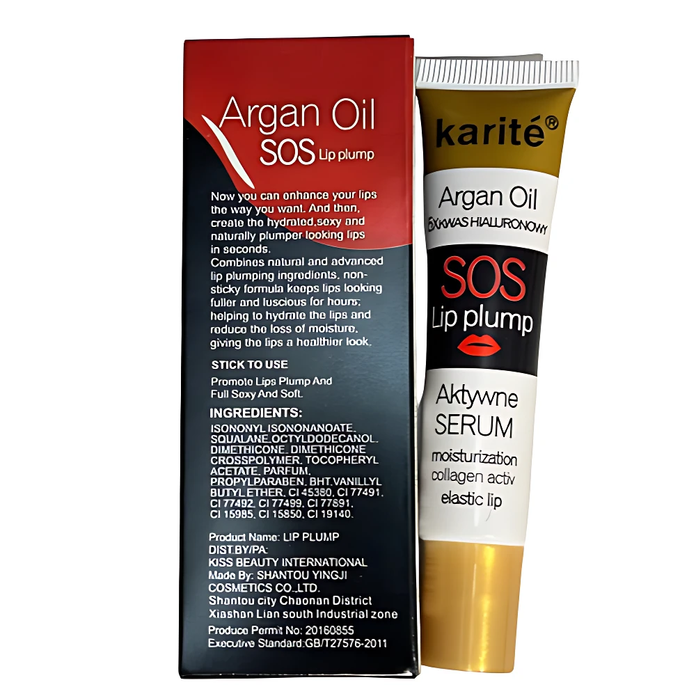 Pack de dos unidades de Serum Labios Karité con Ácido Hialurónico: tubo dorado y caja roja, ambos con texto en inglés y español, enfocados en hidratación y volumen instantáneo.