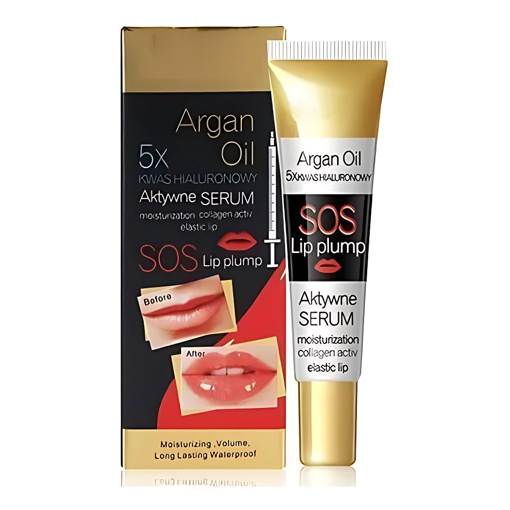 Tubo dorado de serum labial con ácido hialurónico y karité, acompañado de su caja negra y dorada que muestra antes y después de labios hidratados y voluminosos.