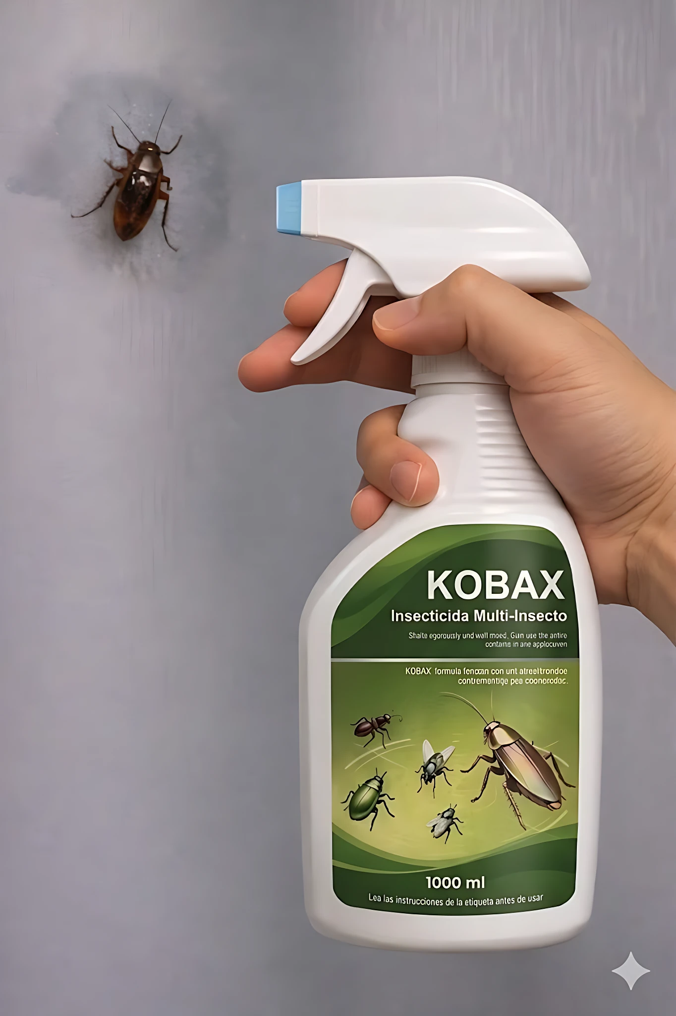 Mano sosteniendo botella blanca de KOBAX Insecticida Multi-Insecto, 1000 ml, con etiqueta verde mostrando cucarachas, chinches y pulgas; fondo gris con cucaracha real en la pared.