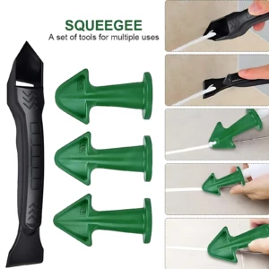 Kit de boquillas silicona verde con espátula negra para sellar grietas y juntas, mostrando tres boquillas de diferentes tamaños y uso en juntas de baldosas.
