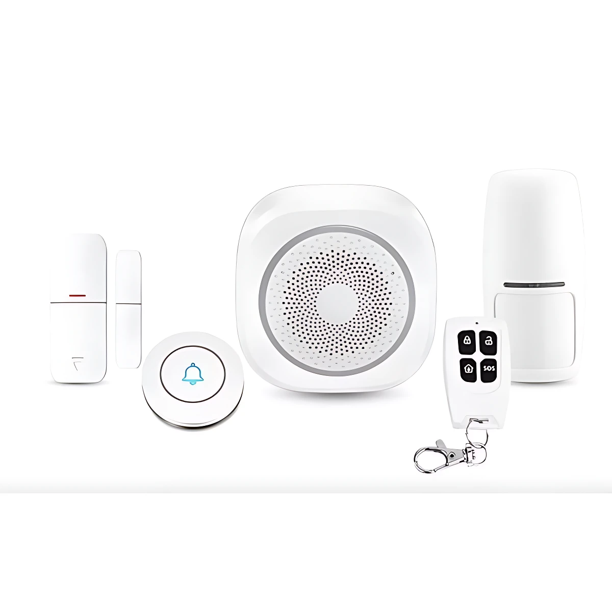 Kit de alarma inteligente en blanco, incluye sirena central, sensores de puerta, botón de pánico, control remoto con llavero y cámara de seguridad.