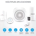 Kit de alarma inteligente blanco con sirena central, sensores de puerta, timbre, control remoto y batería recargable, diseñado para monitoreo remoto vía app móvil.