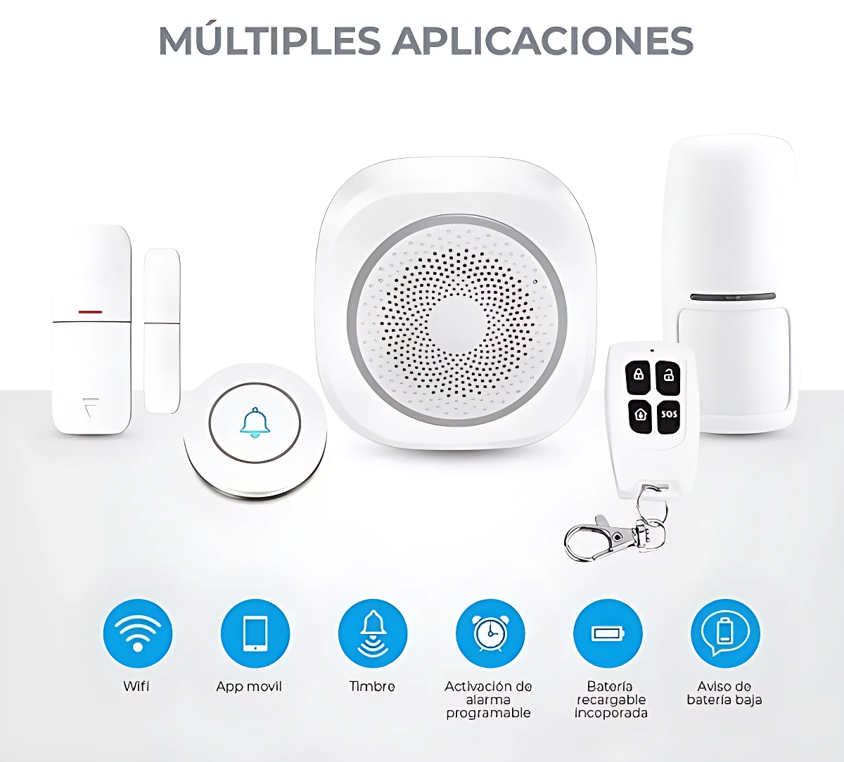 Kit de alarma inteligente blanco con sirena central, sensores de puerta, timbre, control remoto y batería recargable, diseñado para monitoreo remoto vía app móvil.