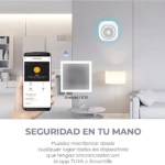 Control de alarma inteligente desde el celular, con interfaz en pantalla y dispositivo de seguridad montado en pared. Compatible con Android e iOS.