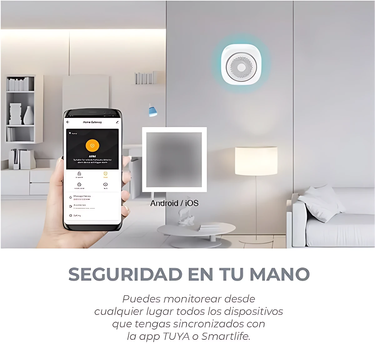 Control de alarma inteligente desde el celular, con interfaz en pantalla y dispositivo de seguridad montado en pared. Compatible con Android e iOS.