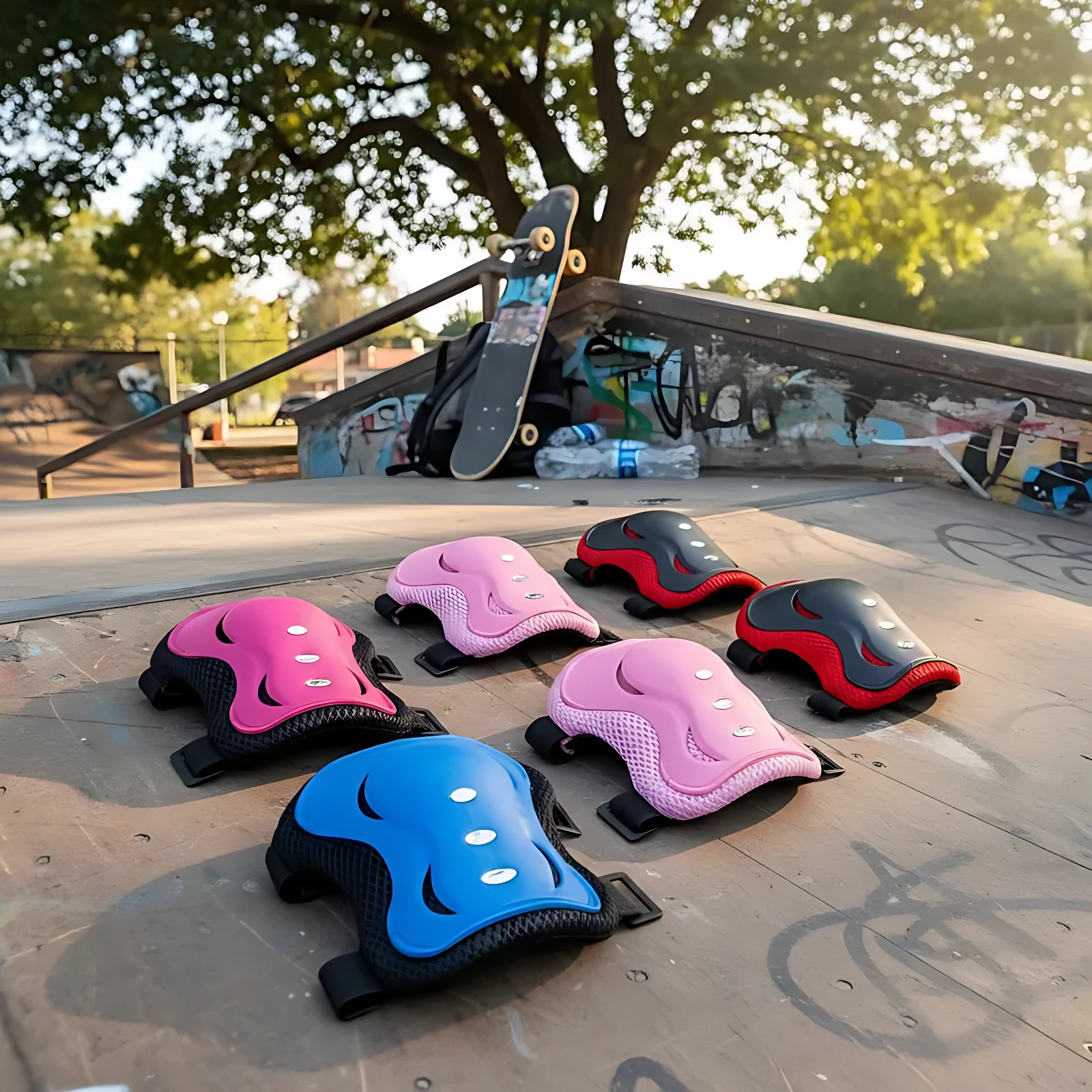 Cuatro rodilleras de patinaje para niños en colores rosa, azul y rojo con detalles negros, dispuestas sobre una rampa de skate al aire libre.