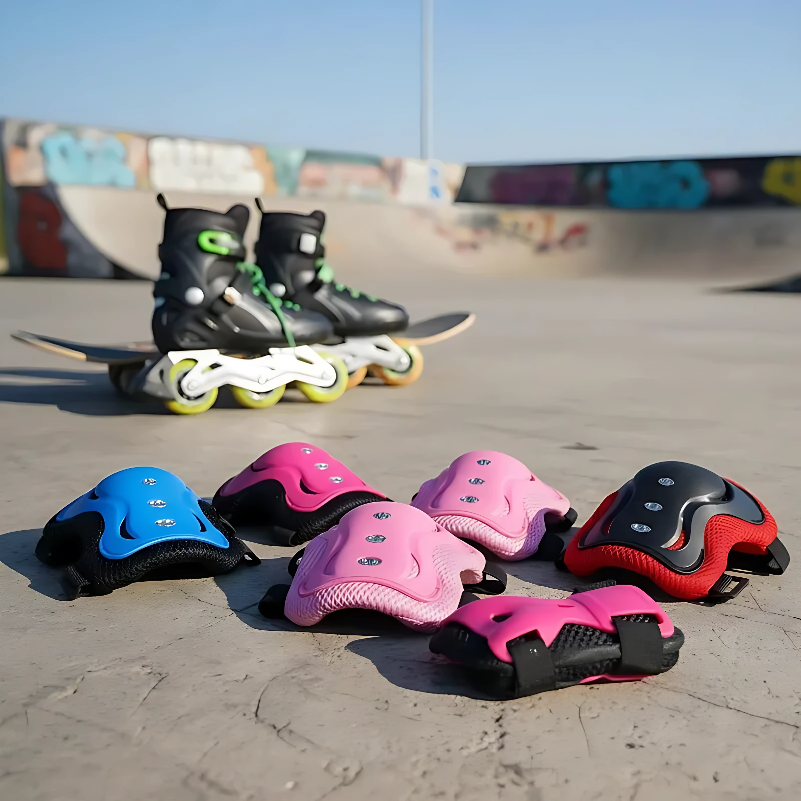 Kit de protección patinaje niños talla S: rodilleras, coderas y espinilleras en azul, rosa y rojo, dispuestas frente a patines y tabla en skatepark.