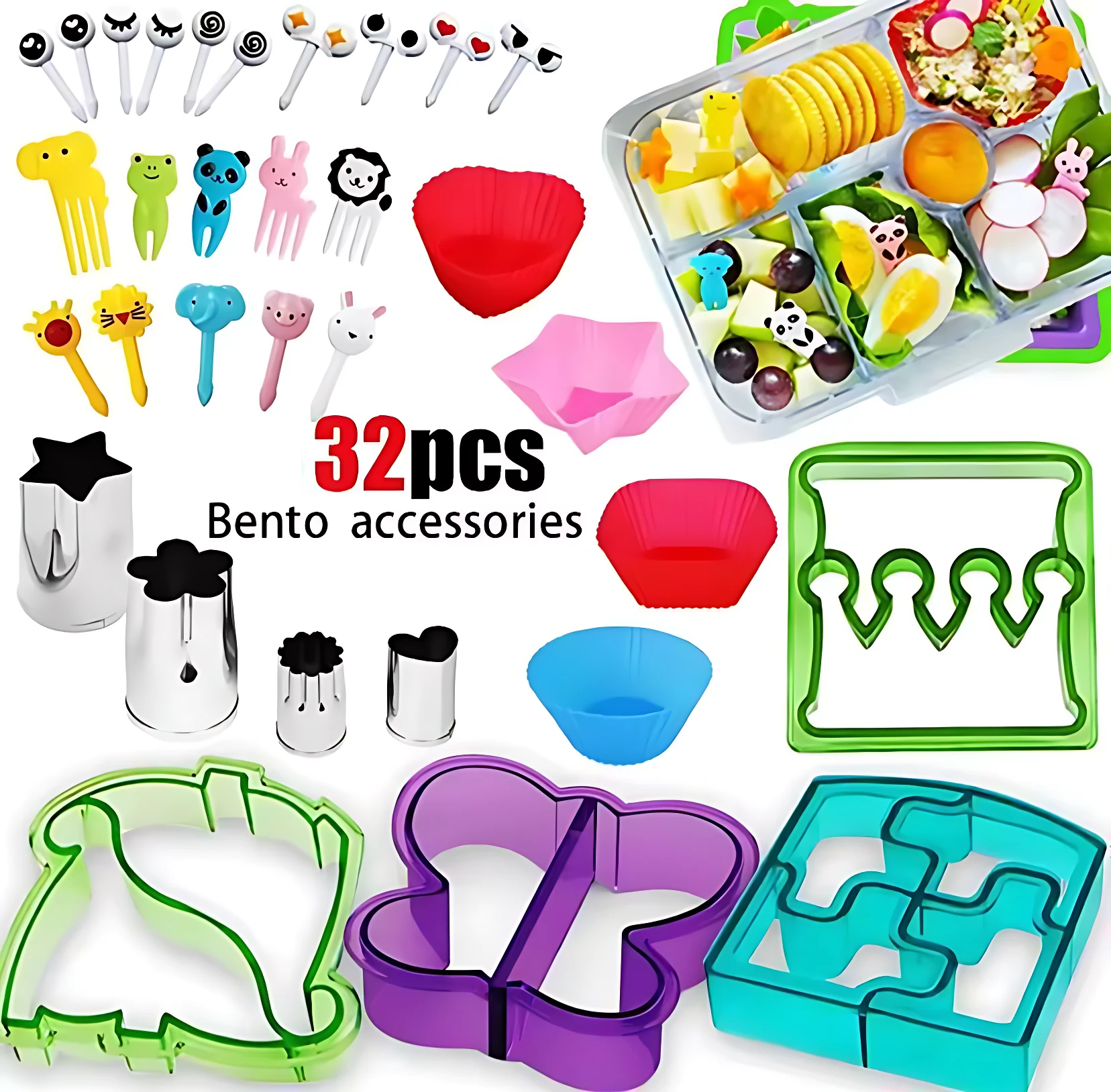 Kit de accesorios para lonchera infantil con 32 piezas, incluye moldes de silicona en colores verde, rosa, azul y morado, cortadores de metal y utensilios divertidos para decorar alimentos.
