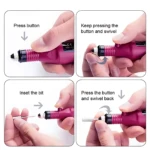 Kit pulidor de uñas eléctrico en color magenta, mostrando paso a paso su uso: presionar botón, girar para insertar broca y volver a girar para fijarla. Incluye brocas intercambiables visibles.