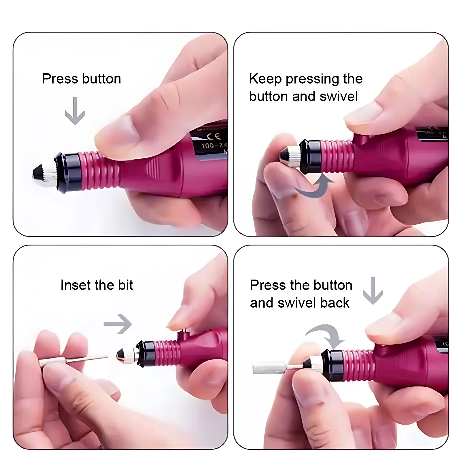Kit pulidor de uñas eléctrico en color magenta, mostrando paso a paso su uso: presionar botón, girar para insertar broca y volver a girar para fijarla. Incluye brocas intercambiables visibles.