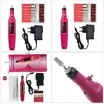 Kit de dos pulidores eléctricos rosas con cargador y seis brocas intercambiables, mostrando detalles del dispositivo, accesorios y medidas de 213 mm.