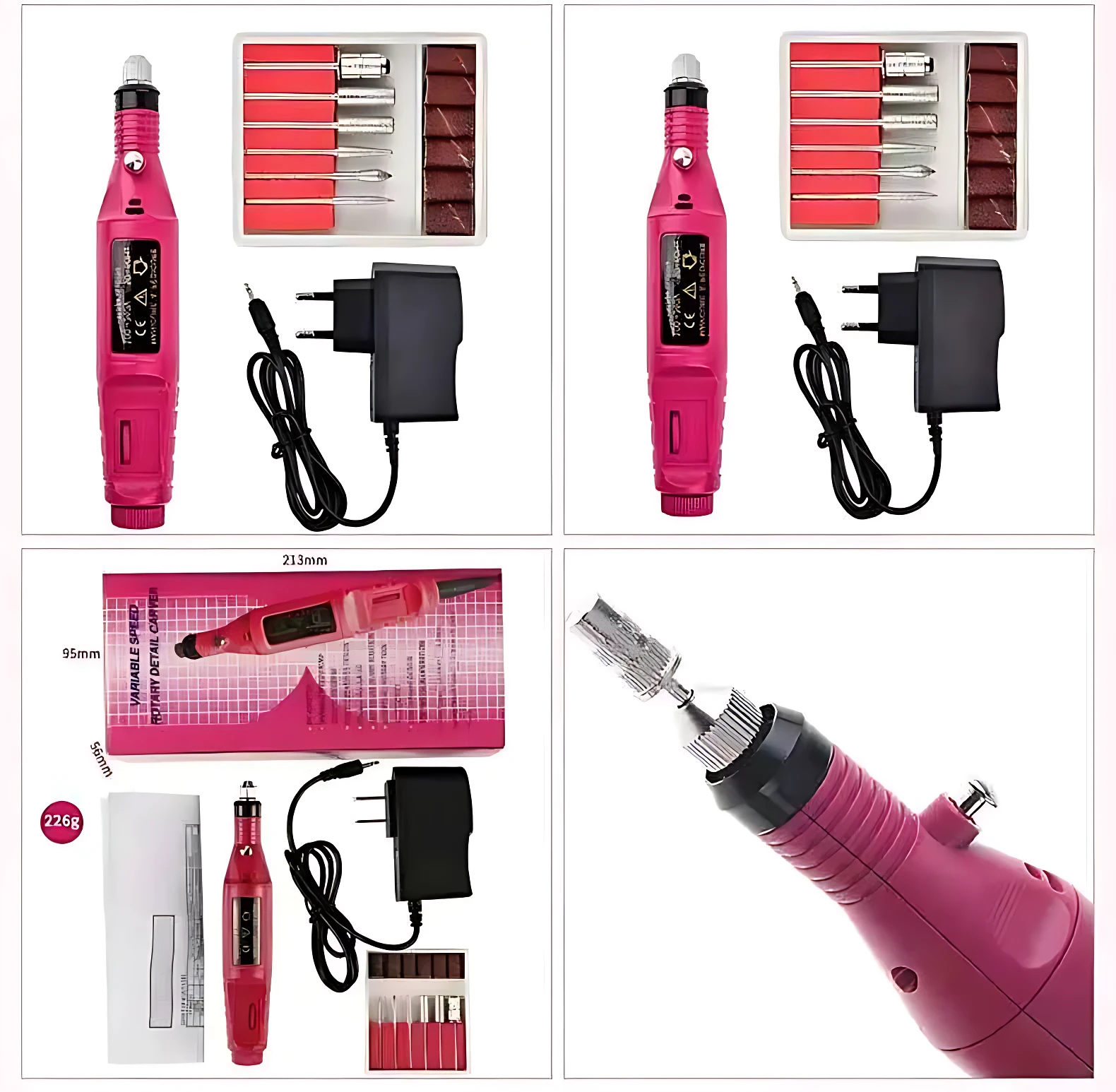 Kit de dos pulidores eléctricos rosas con cargador y seis brocas intercambiables, mostrando detalles del dispositivo, accesorios y medidas de 213 mm.