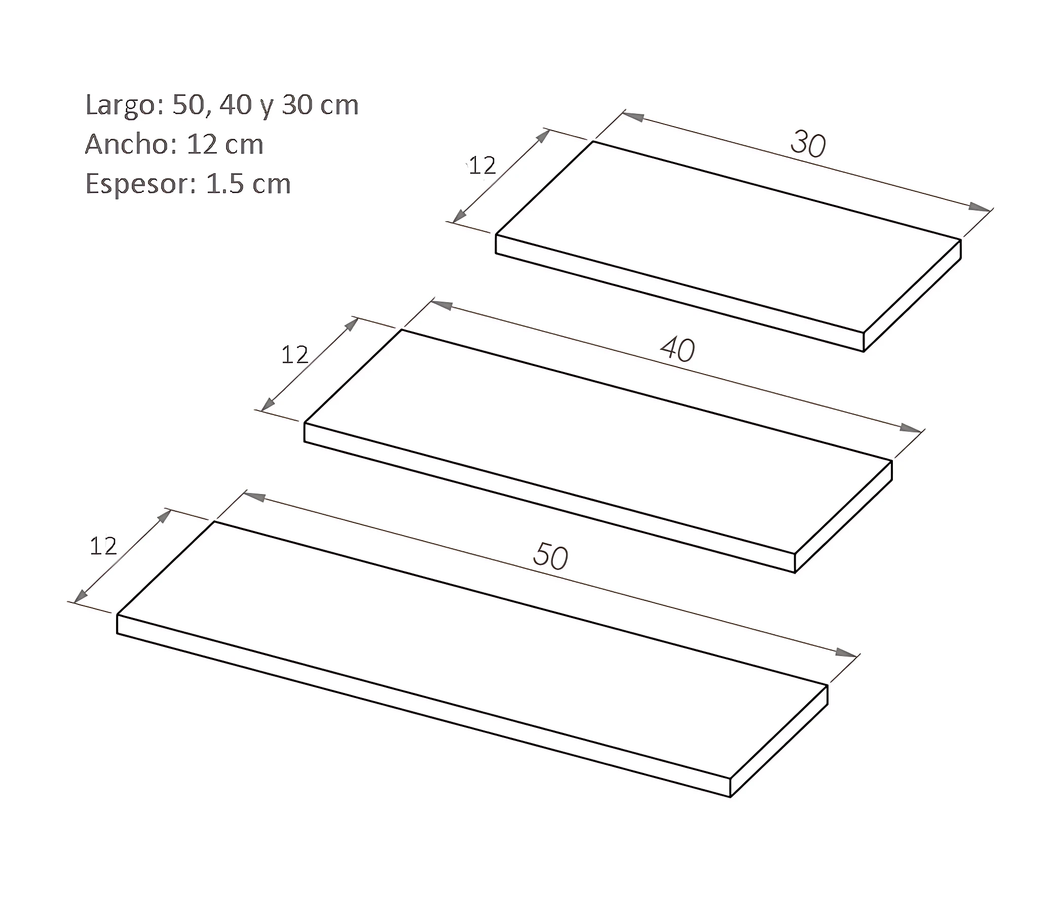 Kit repisa flotante en madera aglomerada, tres medidas: 30, 40 y 50 cm de largo, ancho 12 cm y espesor 1.5 cm, vistas en perspectiva isométrica.