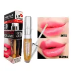 Bálsamo labial 3D de Ministar en presentación con aplicador, caja y muestra de labios antes y después, color rosa brillante, efecto voluminizador.