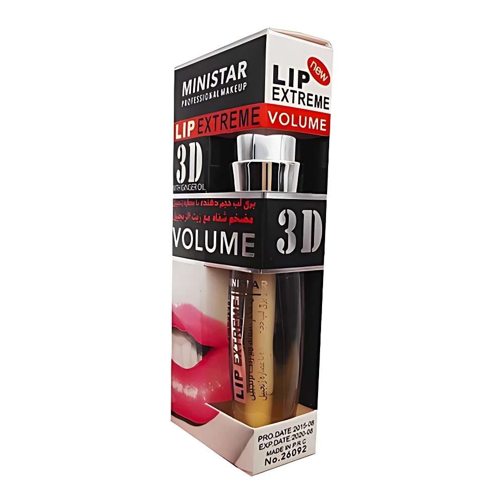 Packaging del bálsamo labial 3D de MINISTAR, con efecto volumen y jengibre. Caja vertical mostrando el tubo dorado y labios rojos en la parte inferior.
