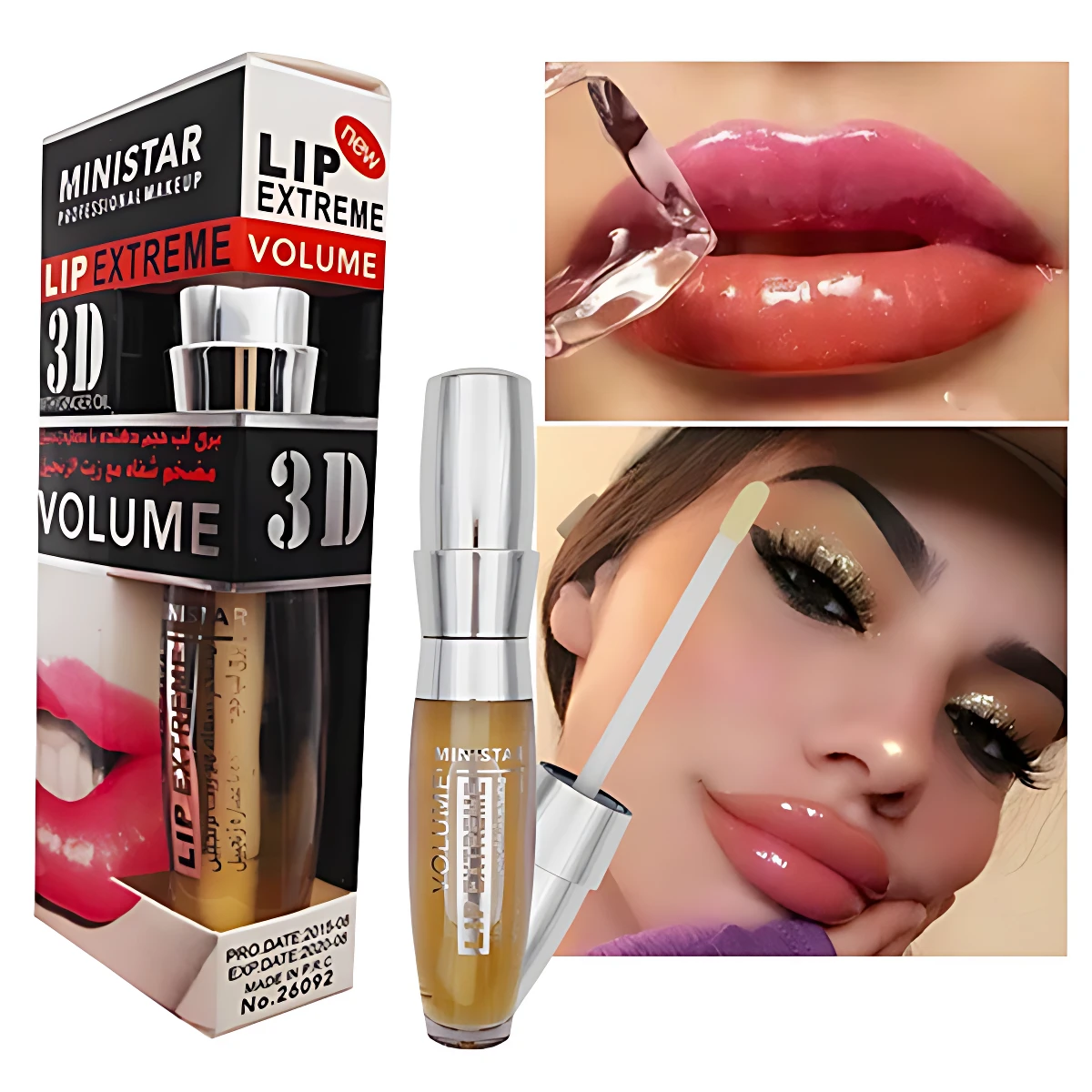 Bálsamo labial 3D con jengibre de Ministar, presentación en caja y aplicador visible, con efecto voluminizador y acabado brillante.