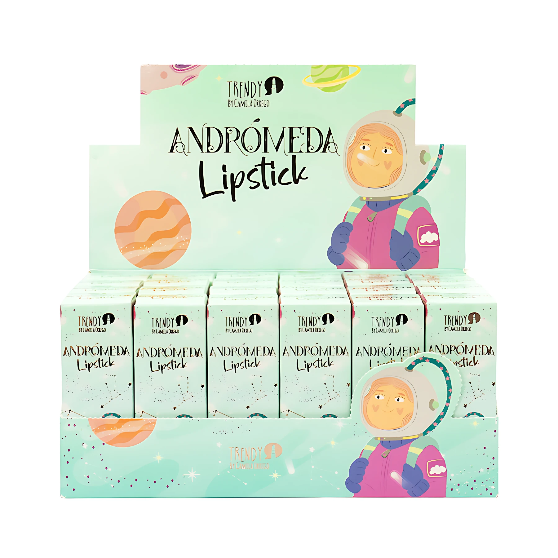 Expositor de labiales Andromeda en caja de exhibición con espacial. Presentación de múltiples unidades del producto con diseño temático de astronauta y planetas.