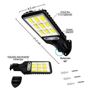 Lámpara LED solar negra con sensor infrarrojo, dimensiones 21,5 x 8,5 cm, incluye tornillos y soportes para montaje en pared.