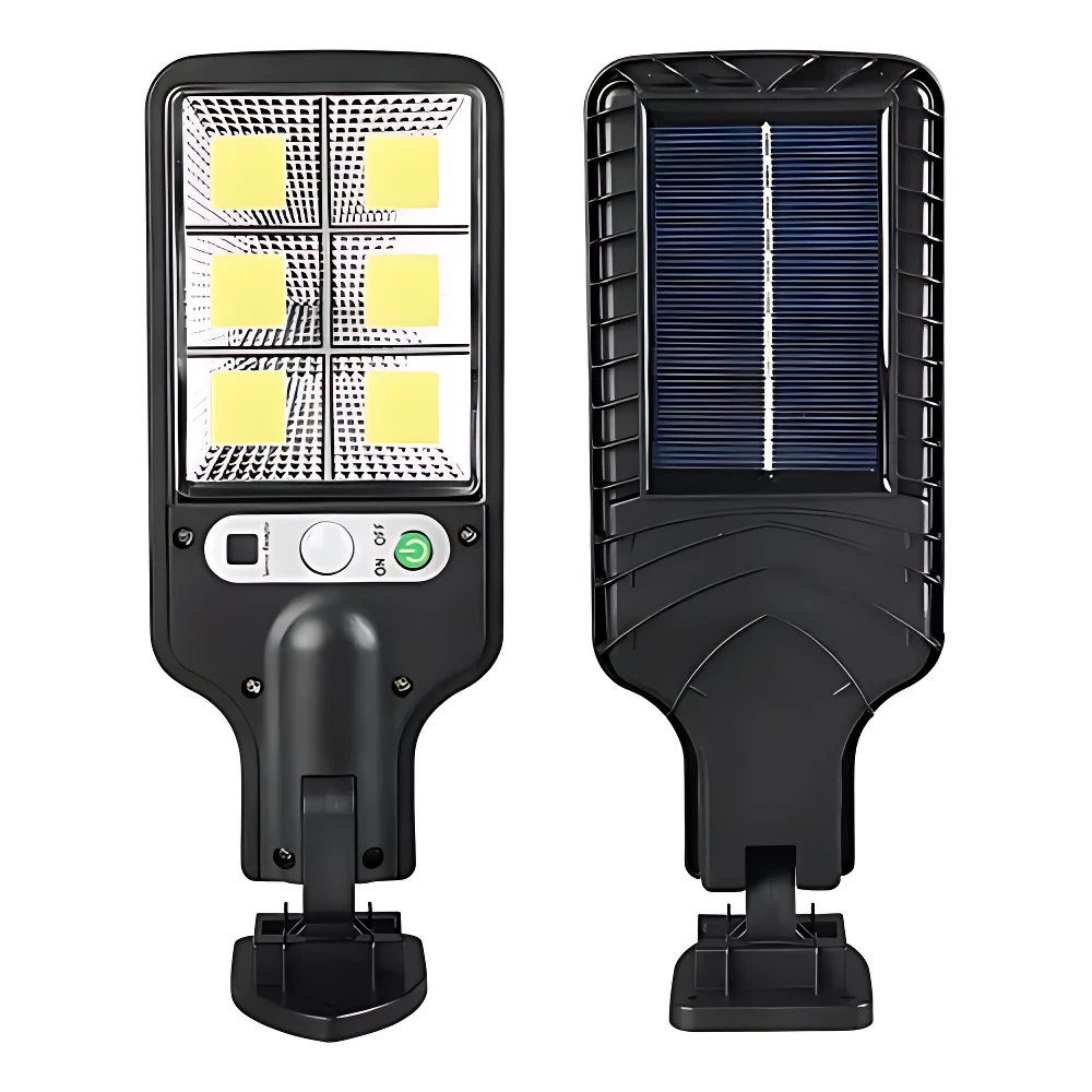 Lámpara LED solar negra con panel fotovoltaico y sensor de movimiento, vista frontal y trasera, ideal para exteriores.
