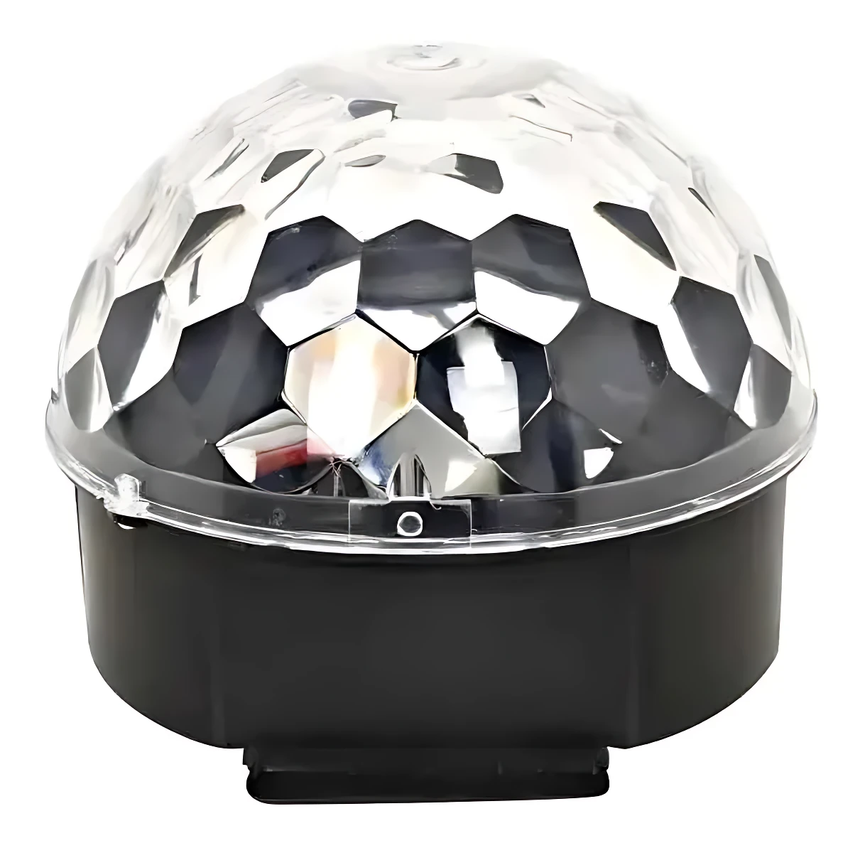 Proyector de luz disco LED con cúpula facetada transparente y base negra, diseñado para crear ambiente festivo sincronizado con música.