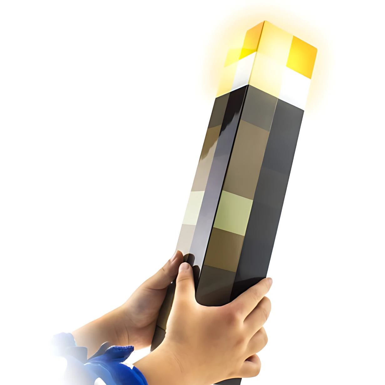 Lámpara temática Minecraft en forma de antorcha, con cuerpo negro y detalles en tonos tierra, emitiendo luz cálida desde la parte superior.
