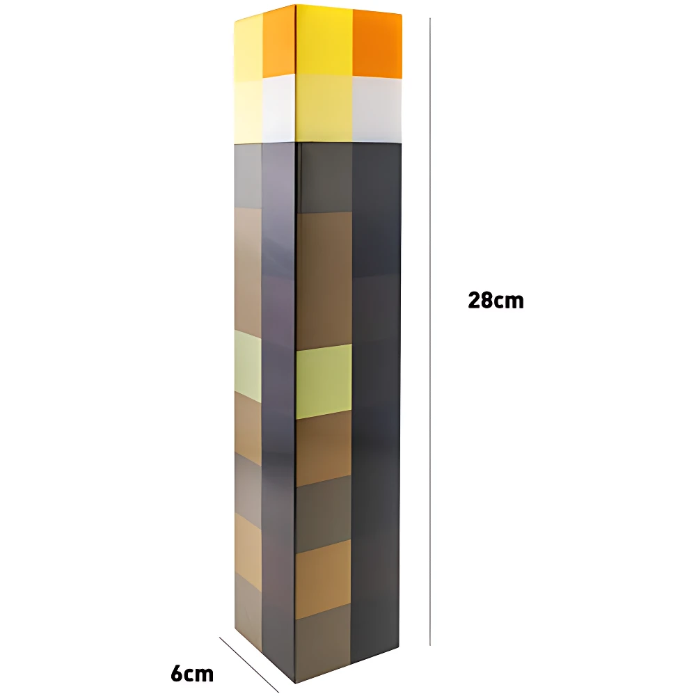 Lámpara de pie Minecraft de 28 cm de altura, con bloques en tonos naranjas, amarillos y marrones, ideal para ambientación de habitación.
