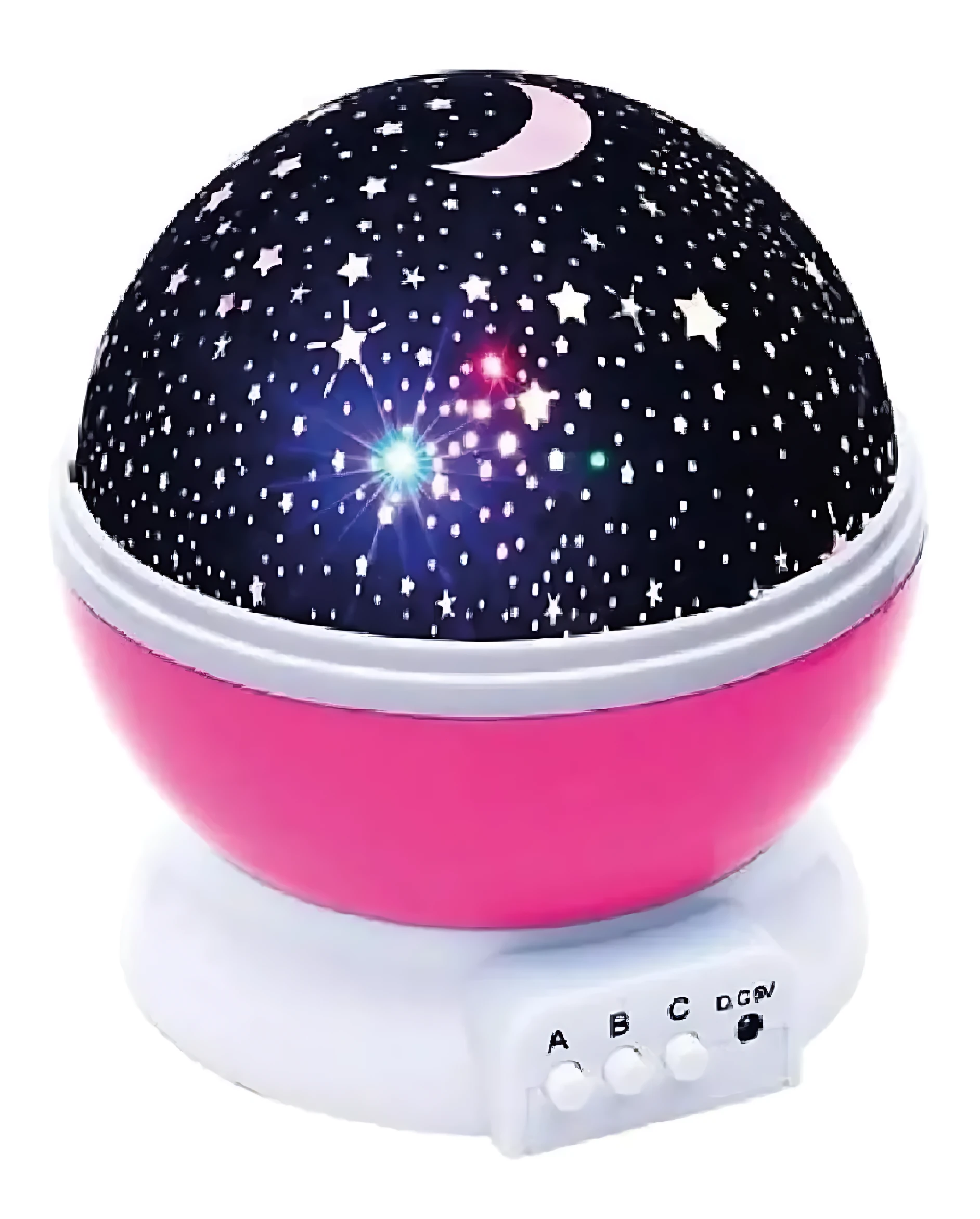 Proyector de estrellas rotativo en color rosa con base blanca y panel de control frontal, mostrando proyección de cielo nocturno con lunas y estrellas.