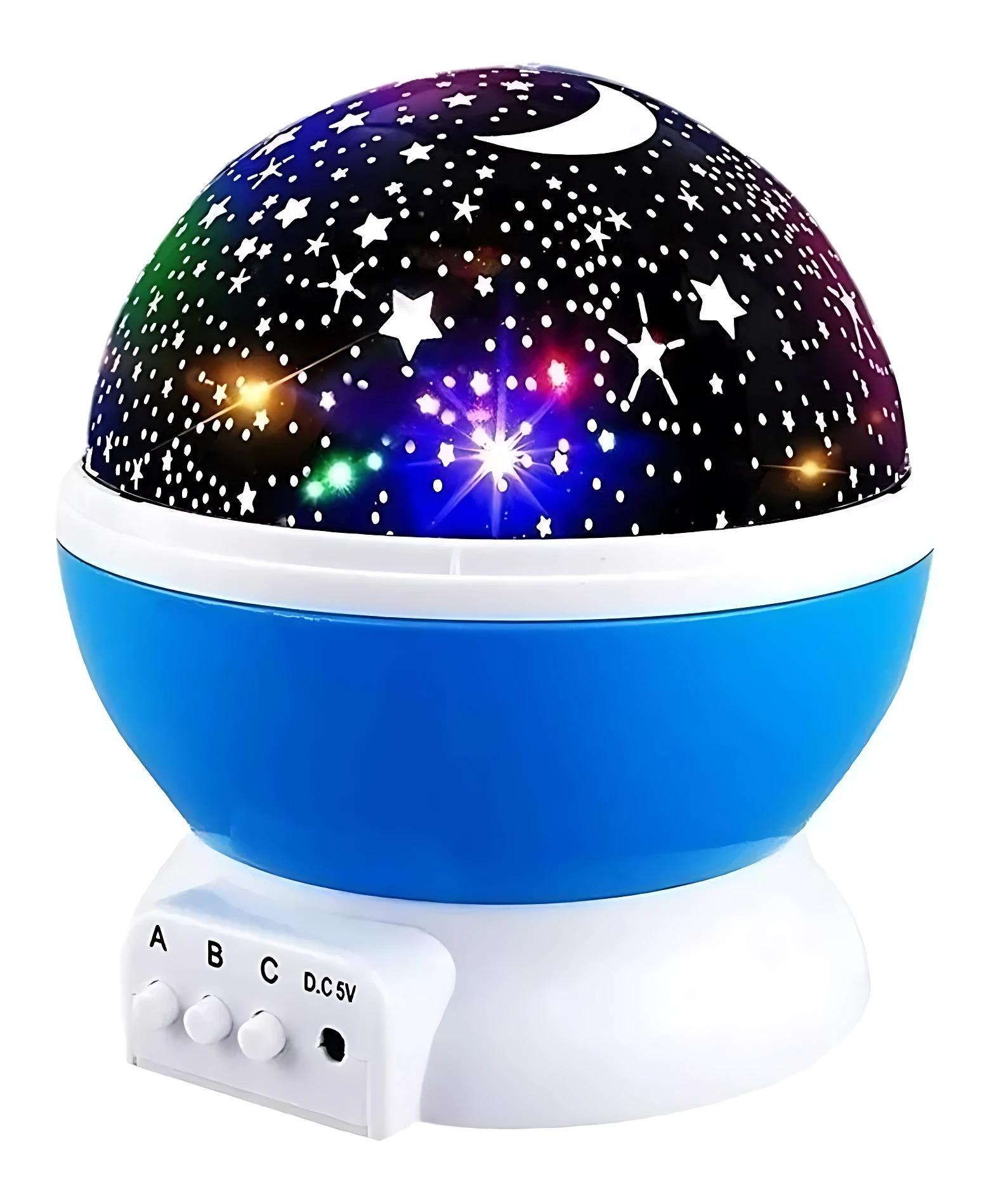 Proyector de estrellas rotativo con cúpula azul y base blanca, emitiendo luz multicolor con estrellas y luna. Incluye controles en la base para ajustar intensidad y modo.