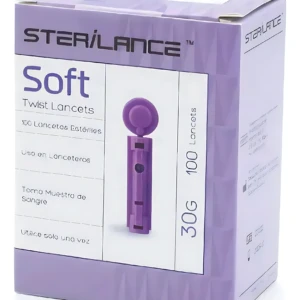 Caja de 100 lancetas Sterilance Soft, color lila, con lanceta púrpura visible en la portada. Presentación para uso en lanceteras, con texto en español e inglés.