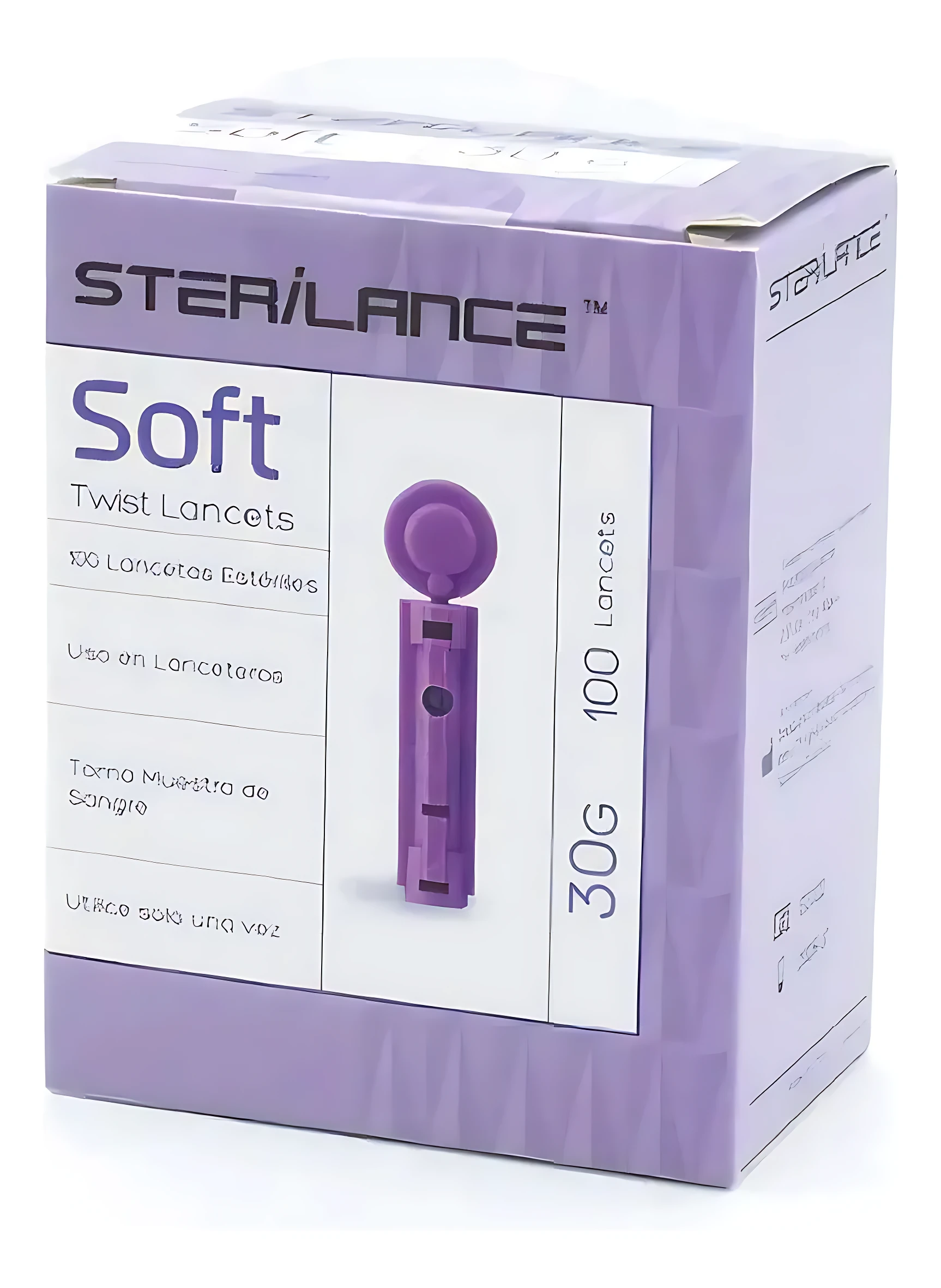 Caja de 100 lancetas Sterilance Soft, color lila, con lanceta morada visible en la portada. Presentación para uso en lanceteras.